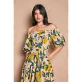 Lemon Print Off-the-Shoulder Puff Sleeve Midi Dress
