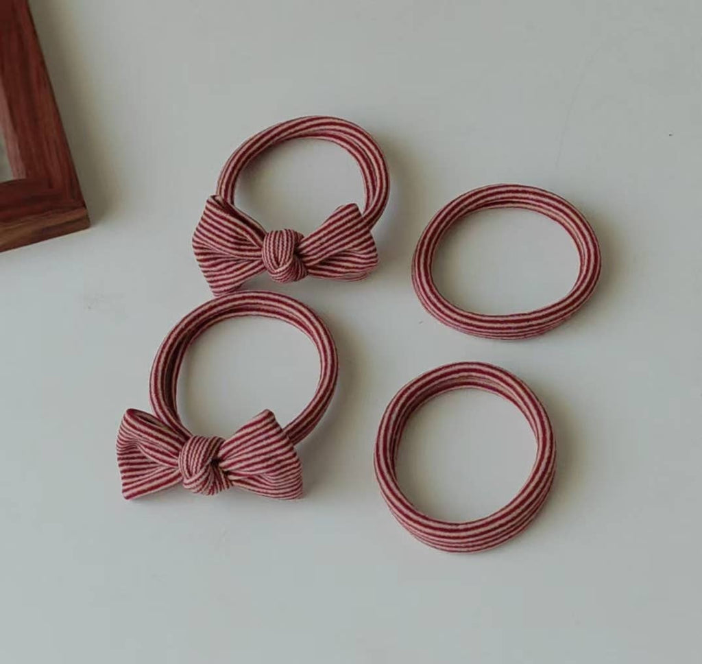 Red Striped Bow Seamless Hair Ties (Set of 4)