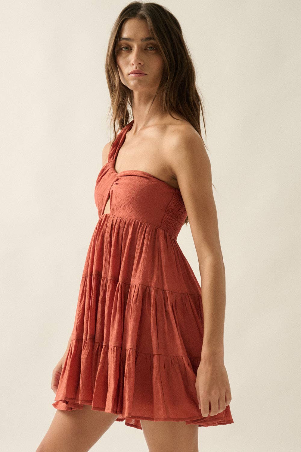 Jacquard Asymmetrical One-Shoulder Tiered Keyhole Mini Dress