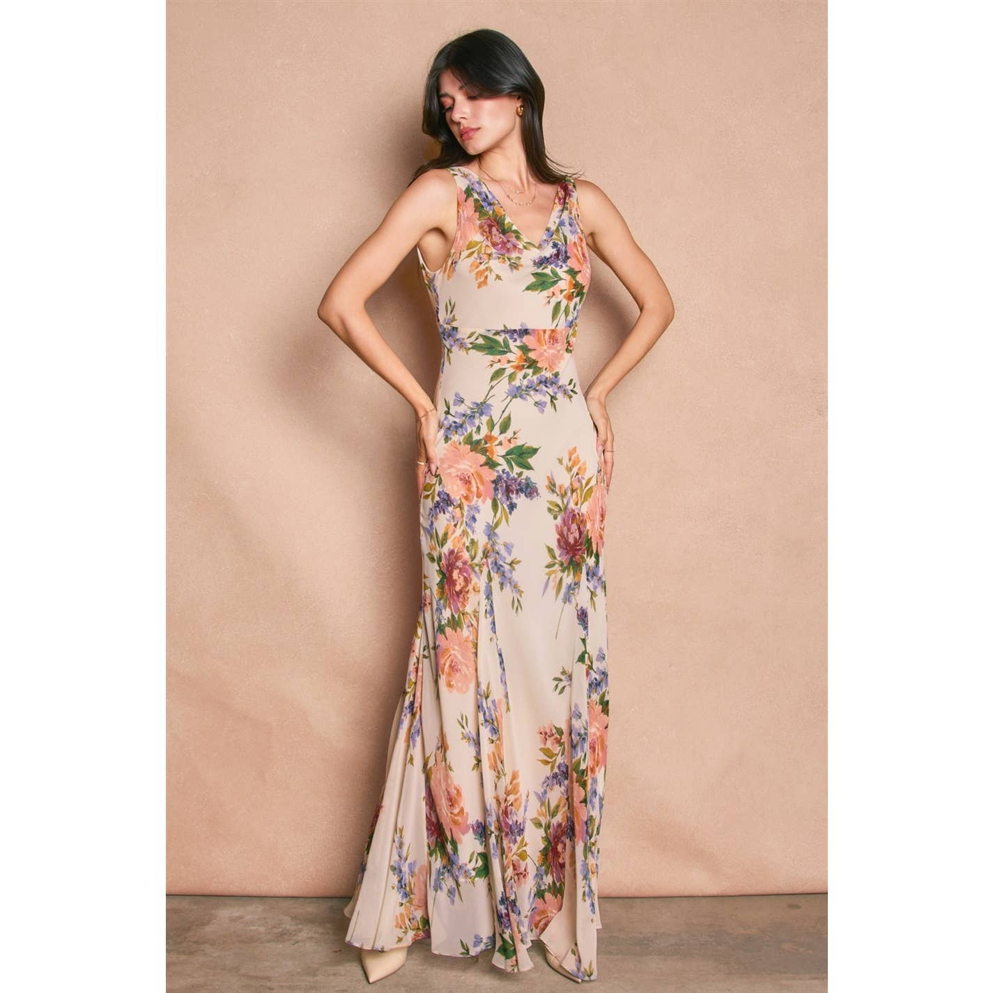 Delicate Affair Cowl Neck Godet Maxi Dress