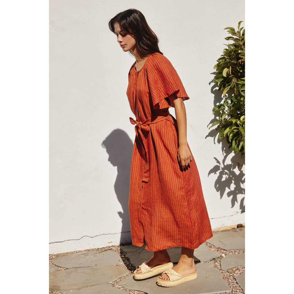 Striped Linen Gathered Neck Button Down Dress