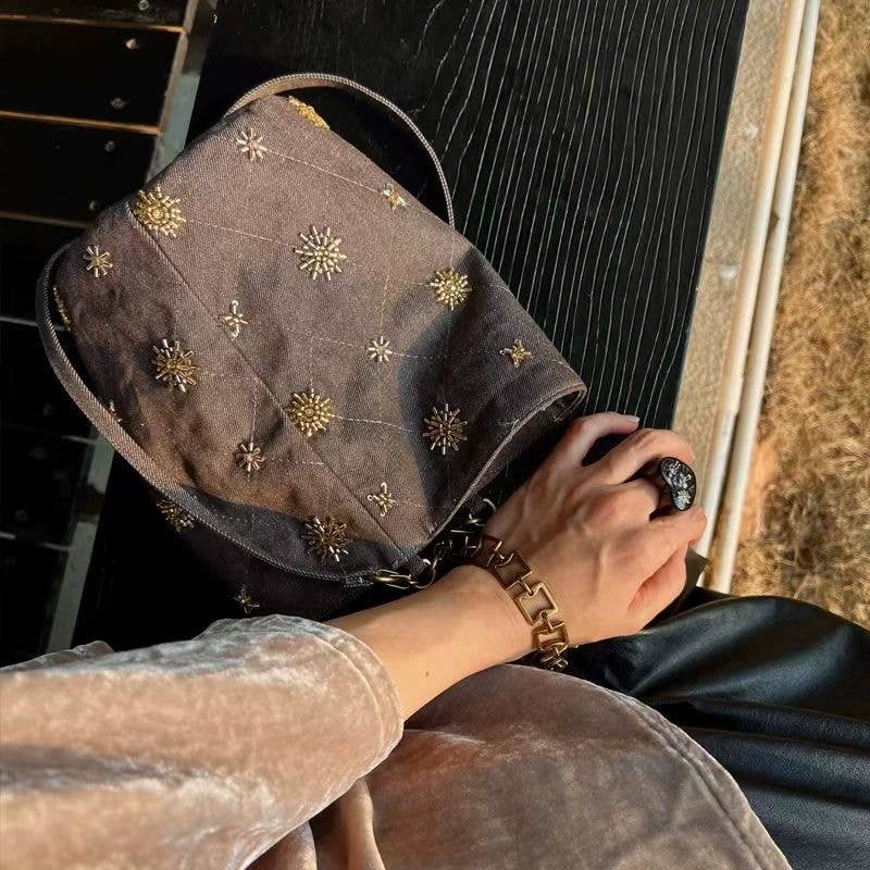 Vintage Studded Denim Shoulder Bucket purse