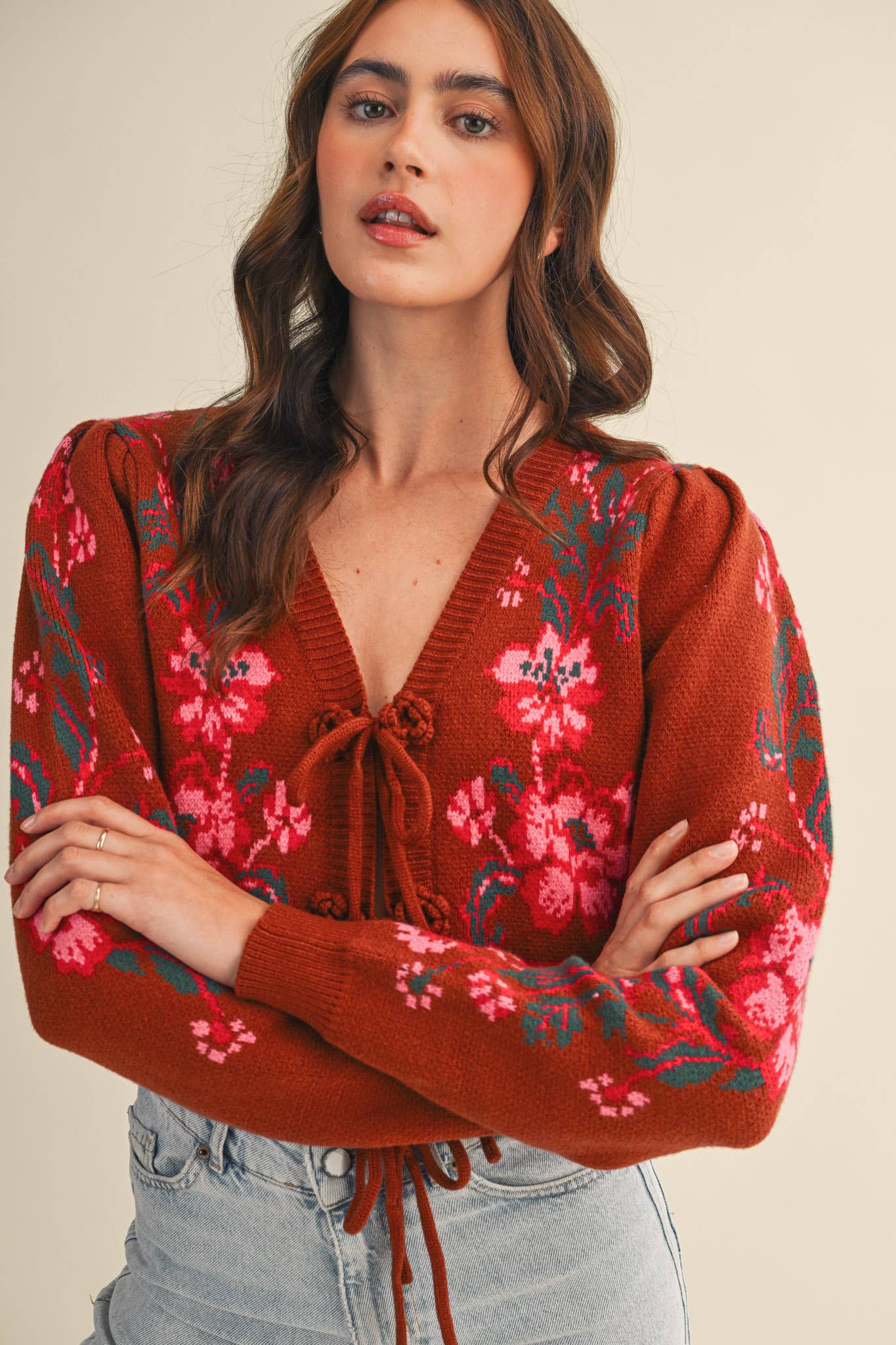 Floral Knit Tie Cardigan