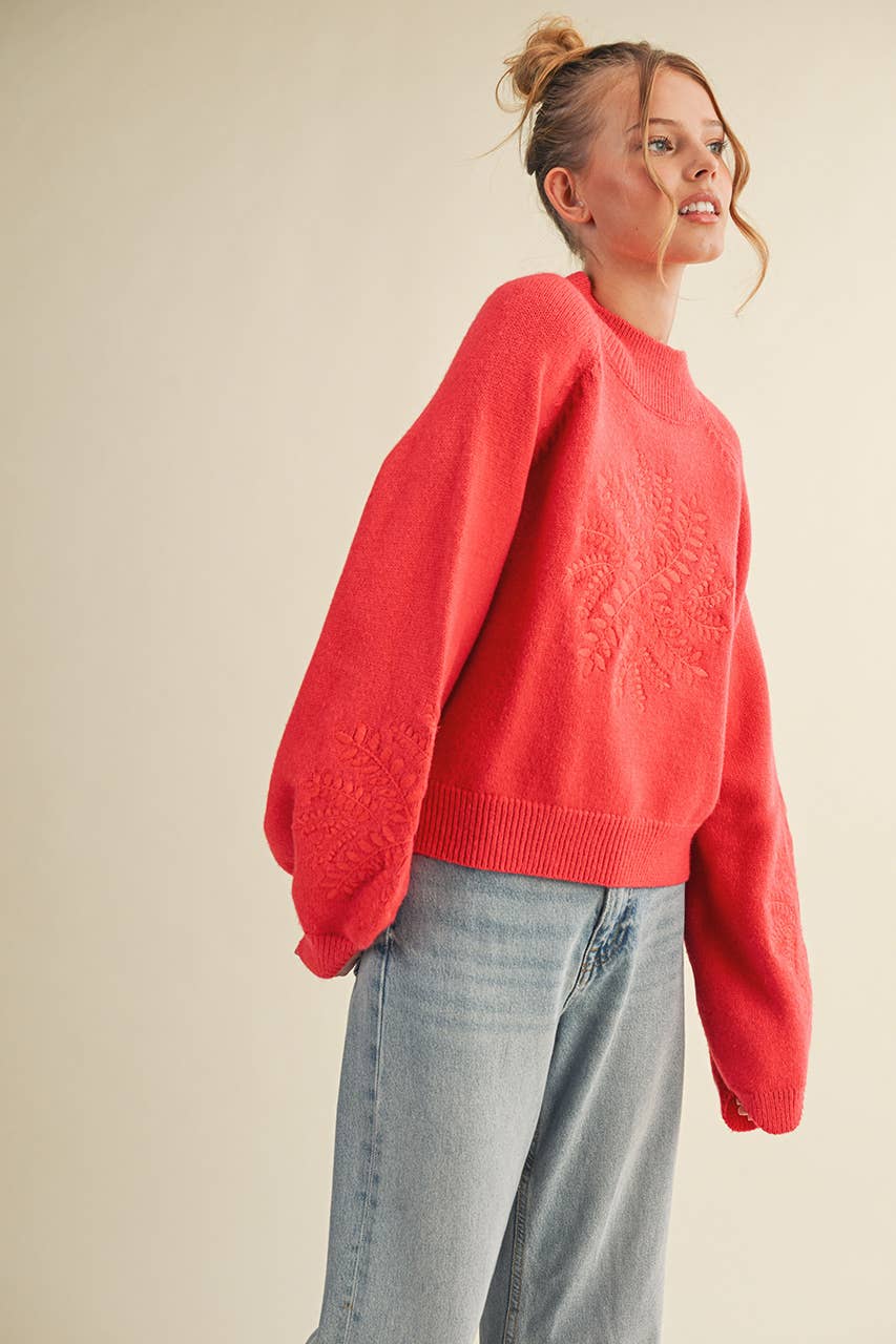 Mock Neck  Snowflake Embroidered Sweater