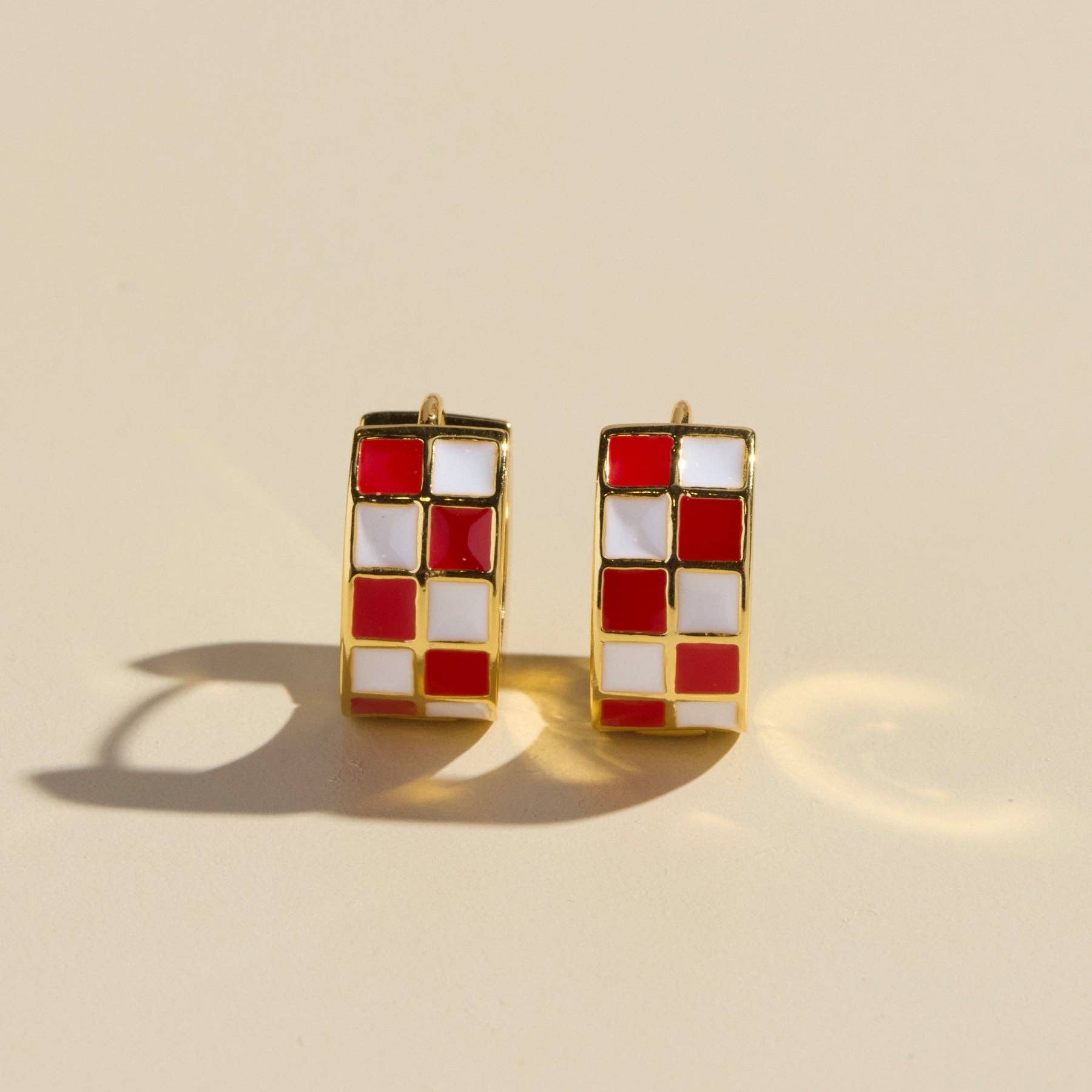 Red & White Checkered Enamel Huggie Earrings