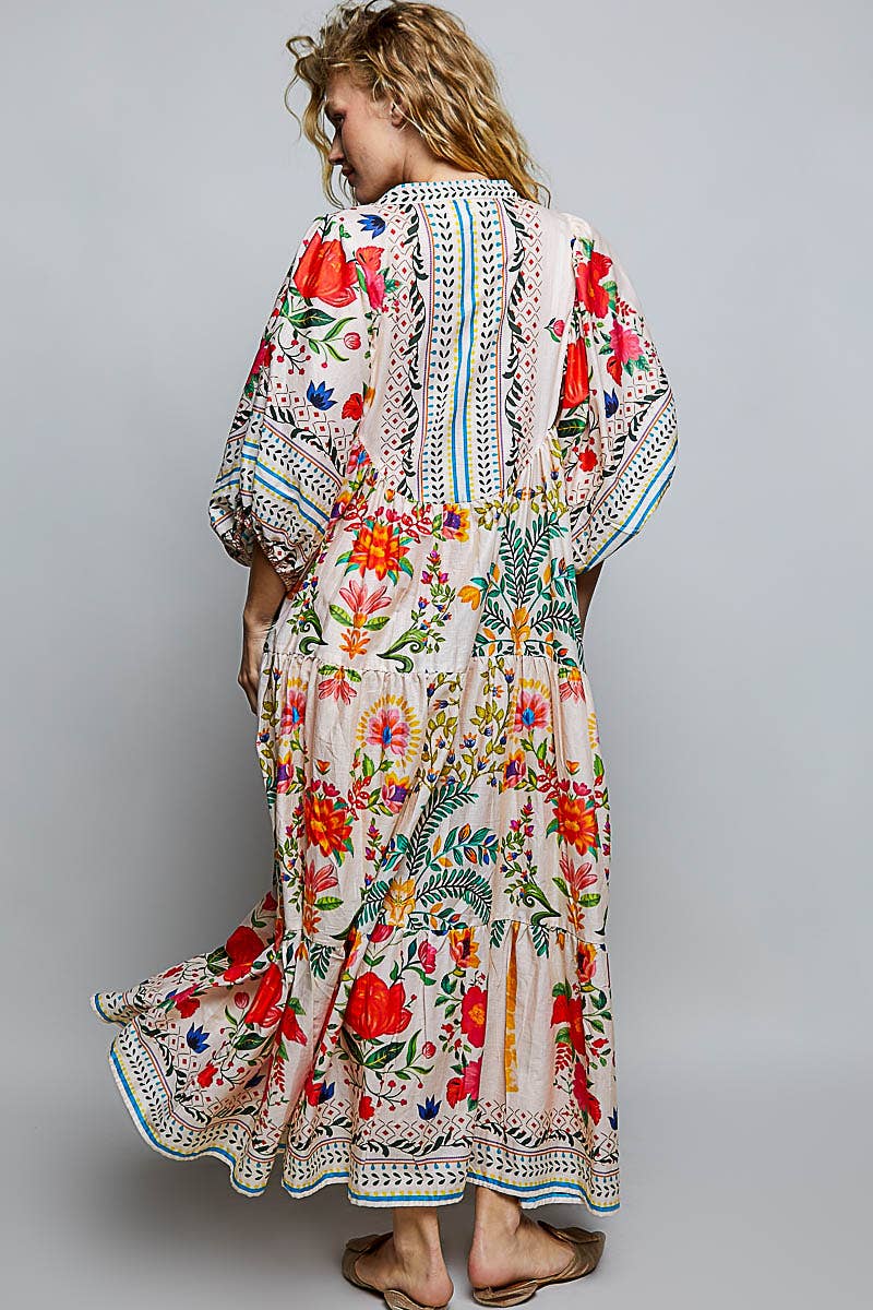 Boho Deep V-Neck Floral Balloon Sleeve Long Dress