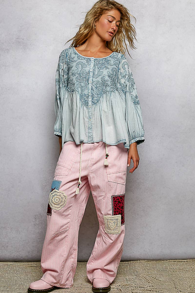 3/4 Sleeve Round Neck Vintage Washing Embroidered Shirt Top