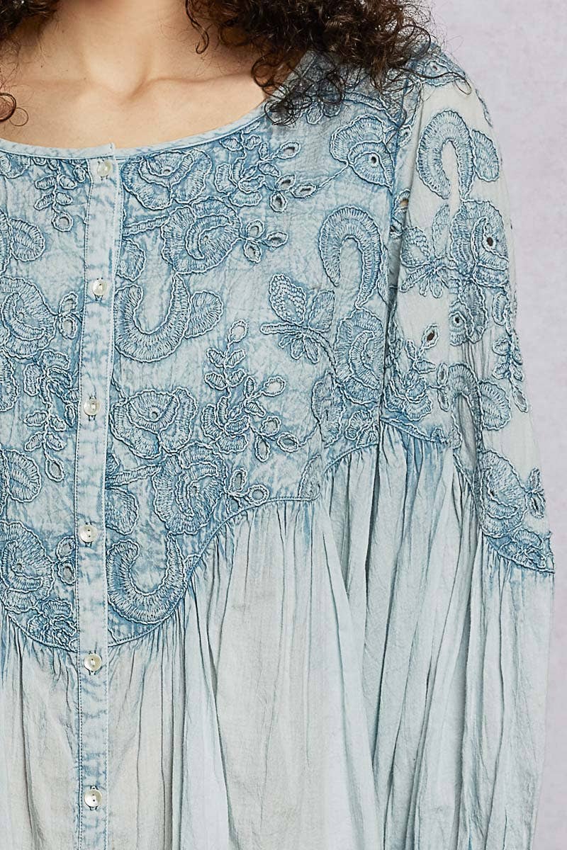 3/4 Sleeve Round Neck Vintage Washing Embroidered Shirt Top