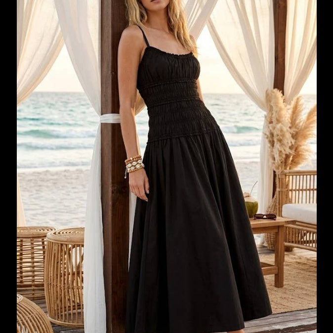 BLACK SMOCKED MAXI COTTON DRESS