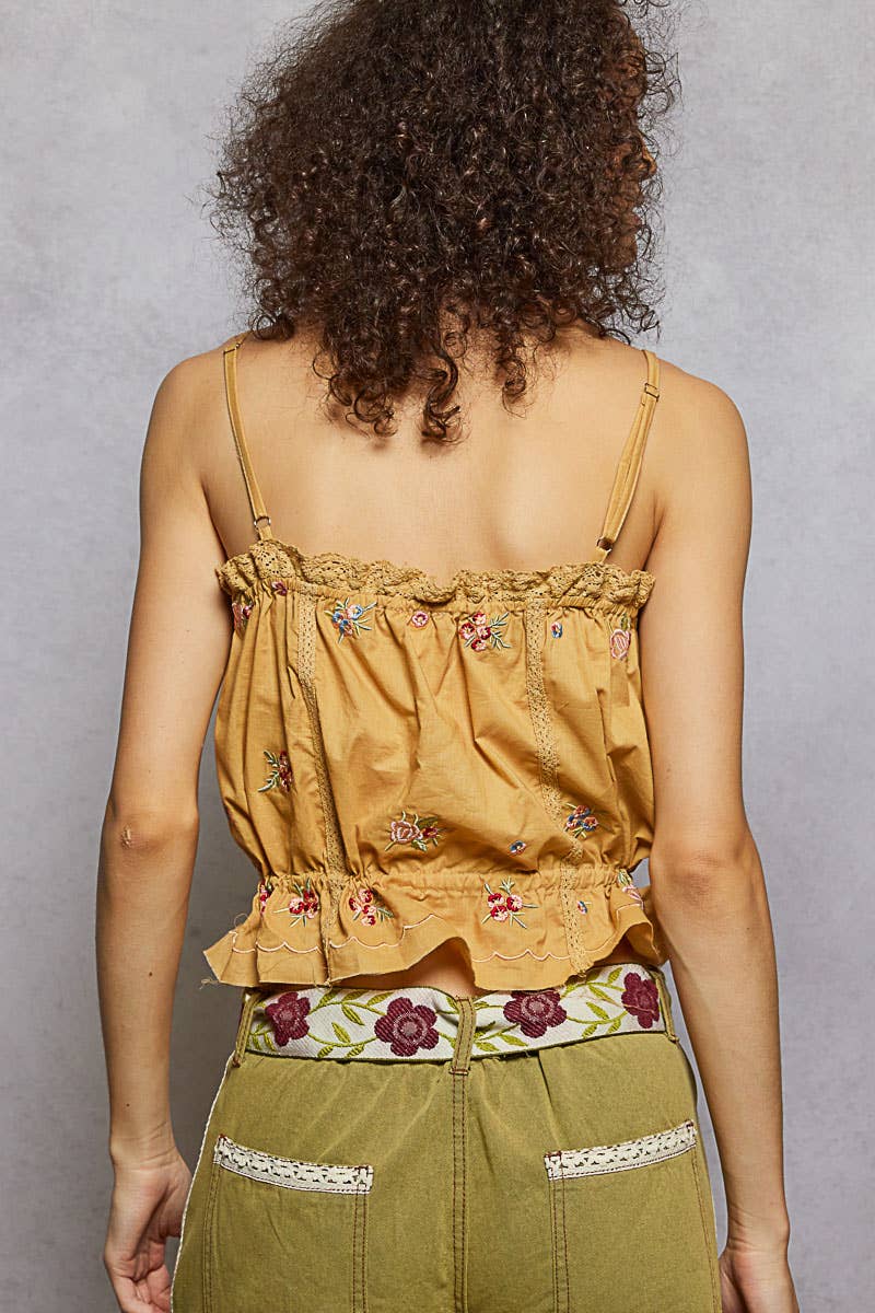 Sleeveless Embroidered Trim Solid Poplin Top
