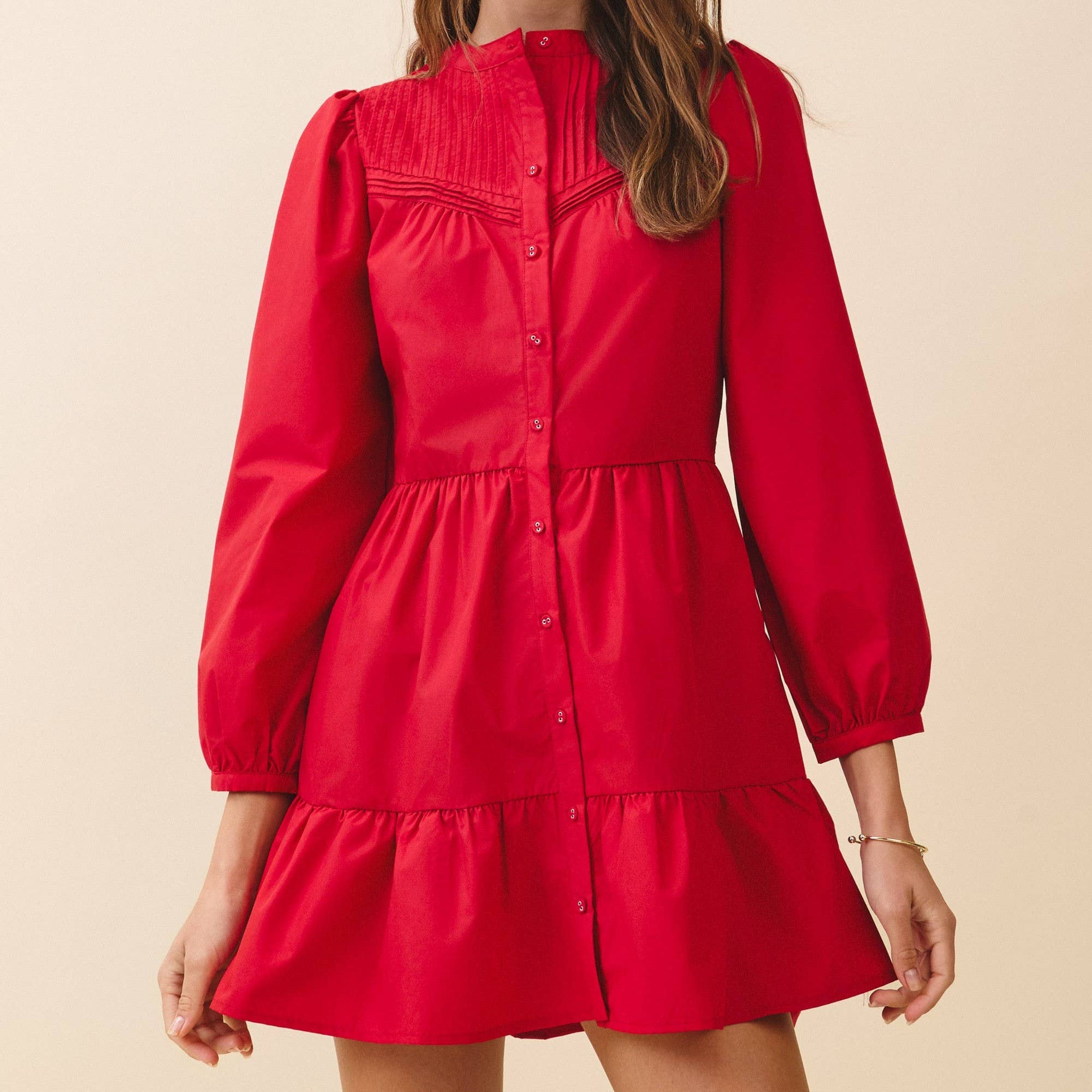 Pintuck Yoke Detail Button Mini Dress