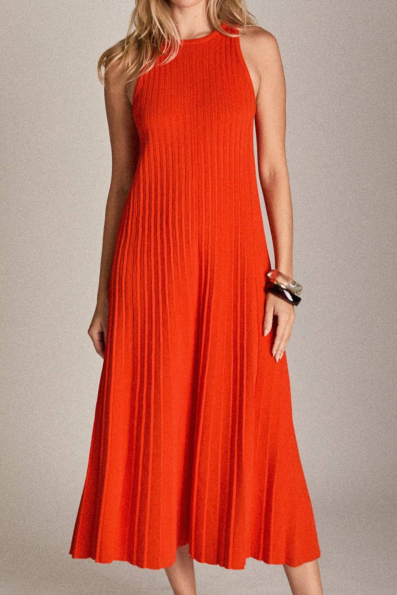 Pleated A-line Knit Midi Dress