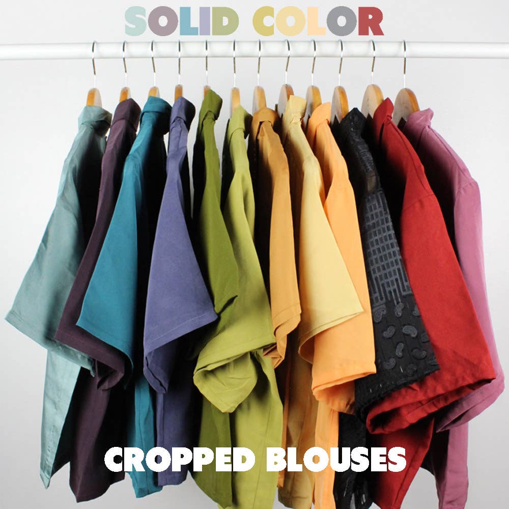 Reworked Vintage Short-Sleeve Button Up Blouse in SOLID COLORS - Cropped