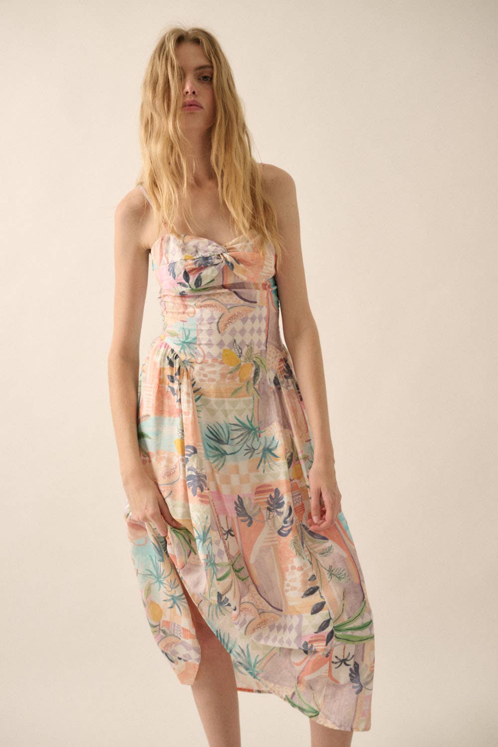 Tropical Motif-Print Twist-Front Cami Midi Dress