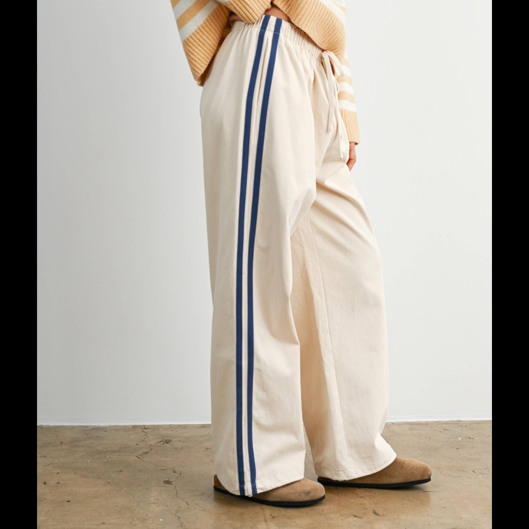 Striped Wide-Leg Drawstring Track Pants