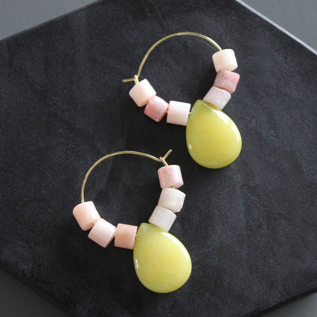 Rhodochrosite and jade hoop earrings