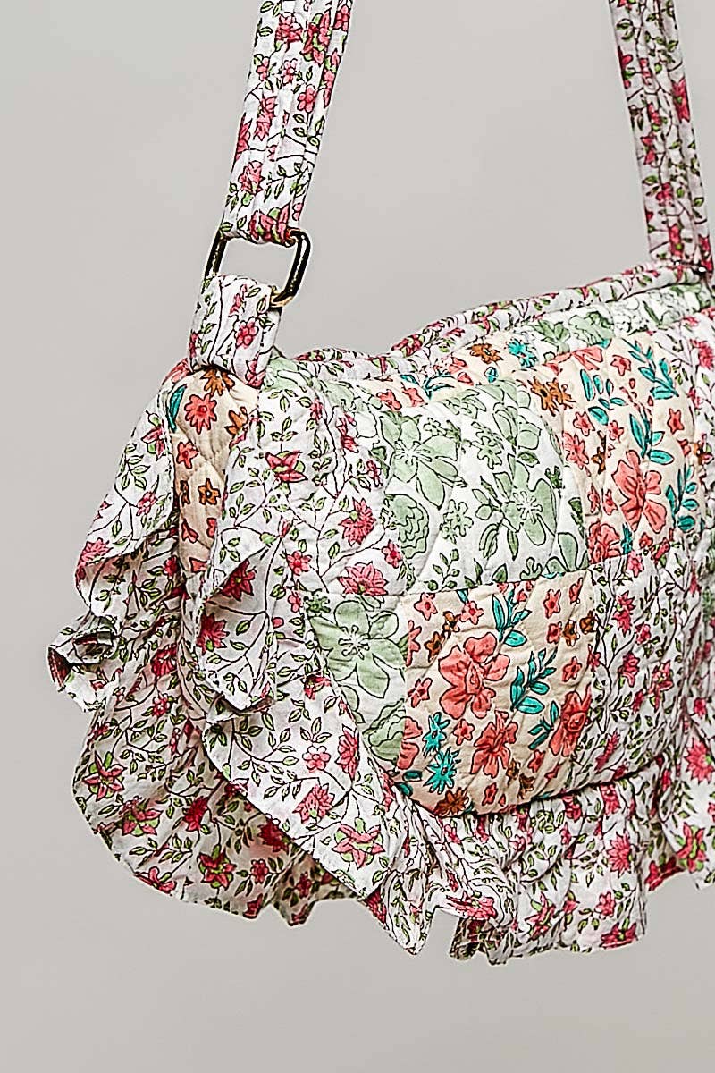 Half Moon Quilted Floral Ruffle Crossbody Bag