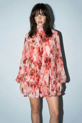 Floral Pleated Chiffon Mini Dress