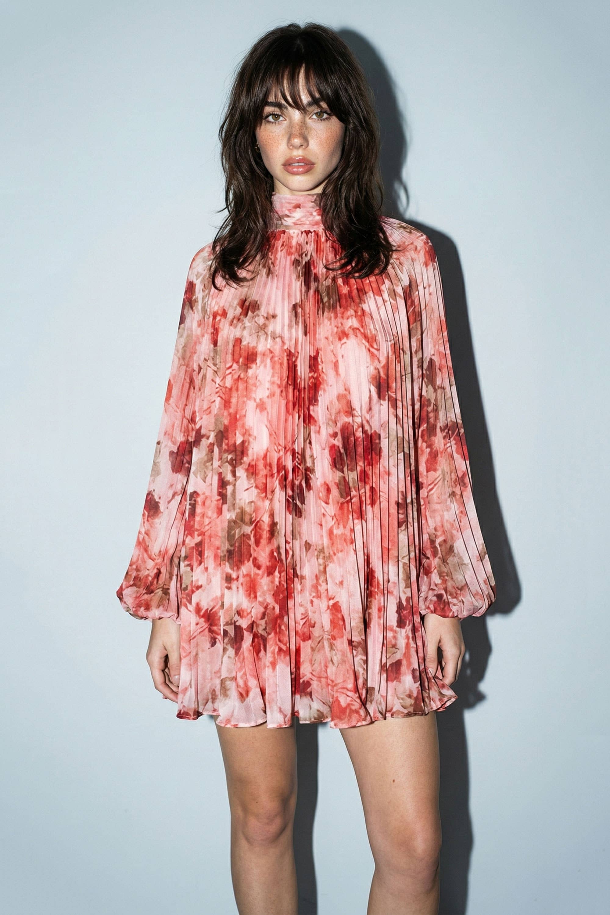 Floral Pleated Chiffon Mini Dress