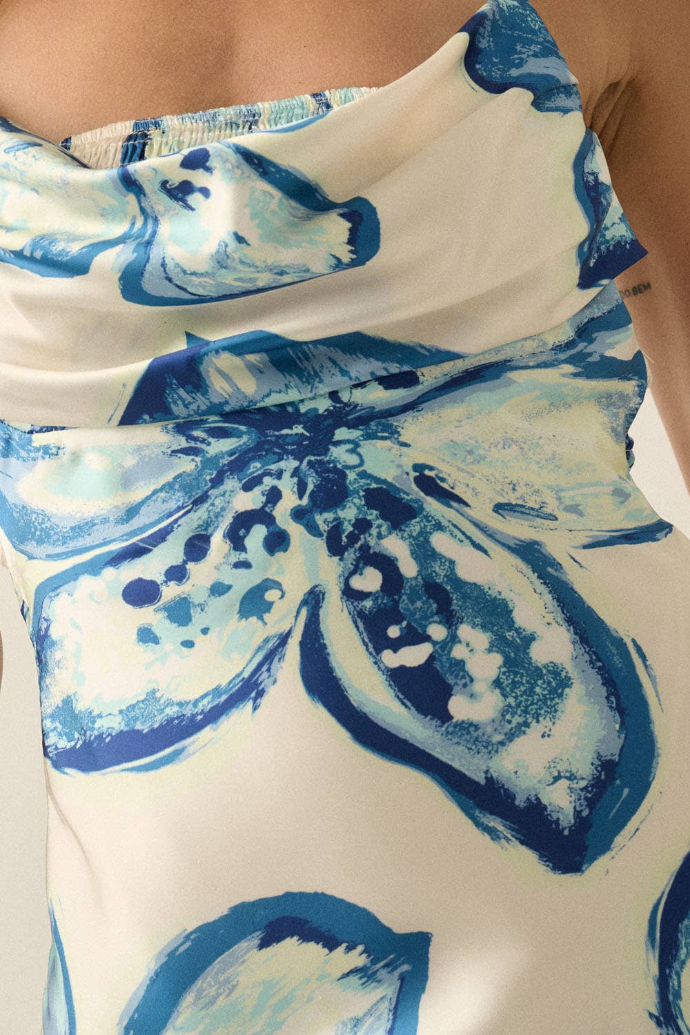Tropical Floral-Print Satin Halter Cowl-Neck Maxi Dress