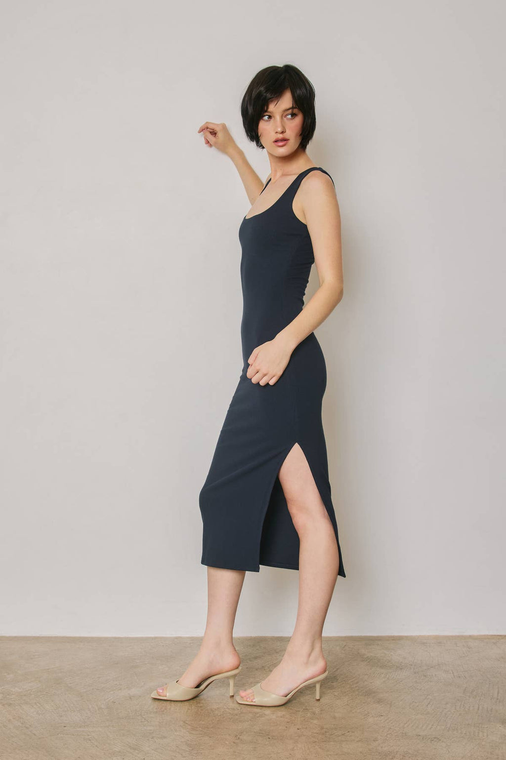 Ribbed Knit Square Neck Bodycon Midi Dress