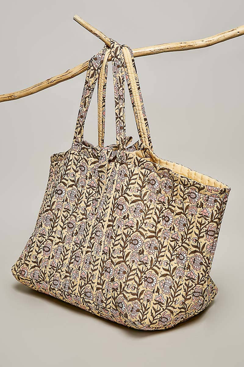 Ribbon-Tie Quilted Floral Jumbo Tote Bag