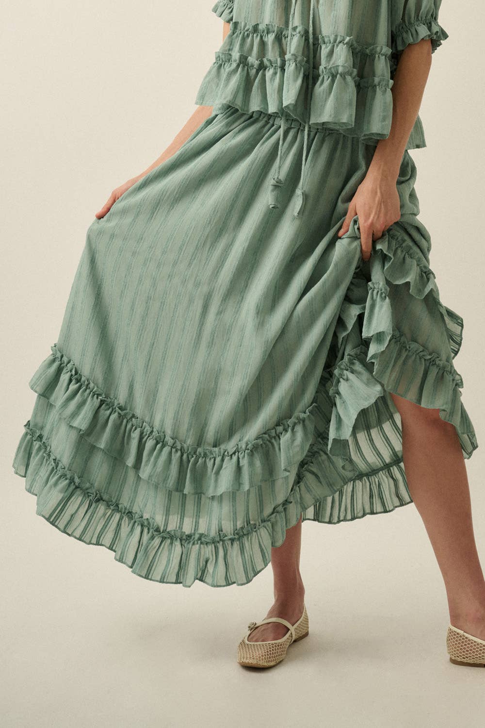 Textured Tonal-Stripe Tiered Ruffle Maxi Skirt