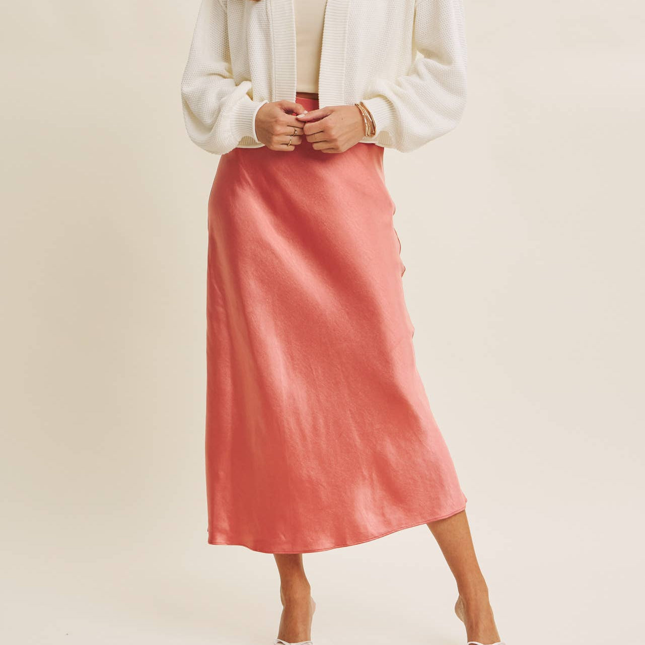 THICK SILKY SATIN BIAS CUT MAXI SKIRT: SPICED APPLE CIDER