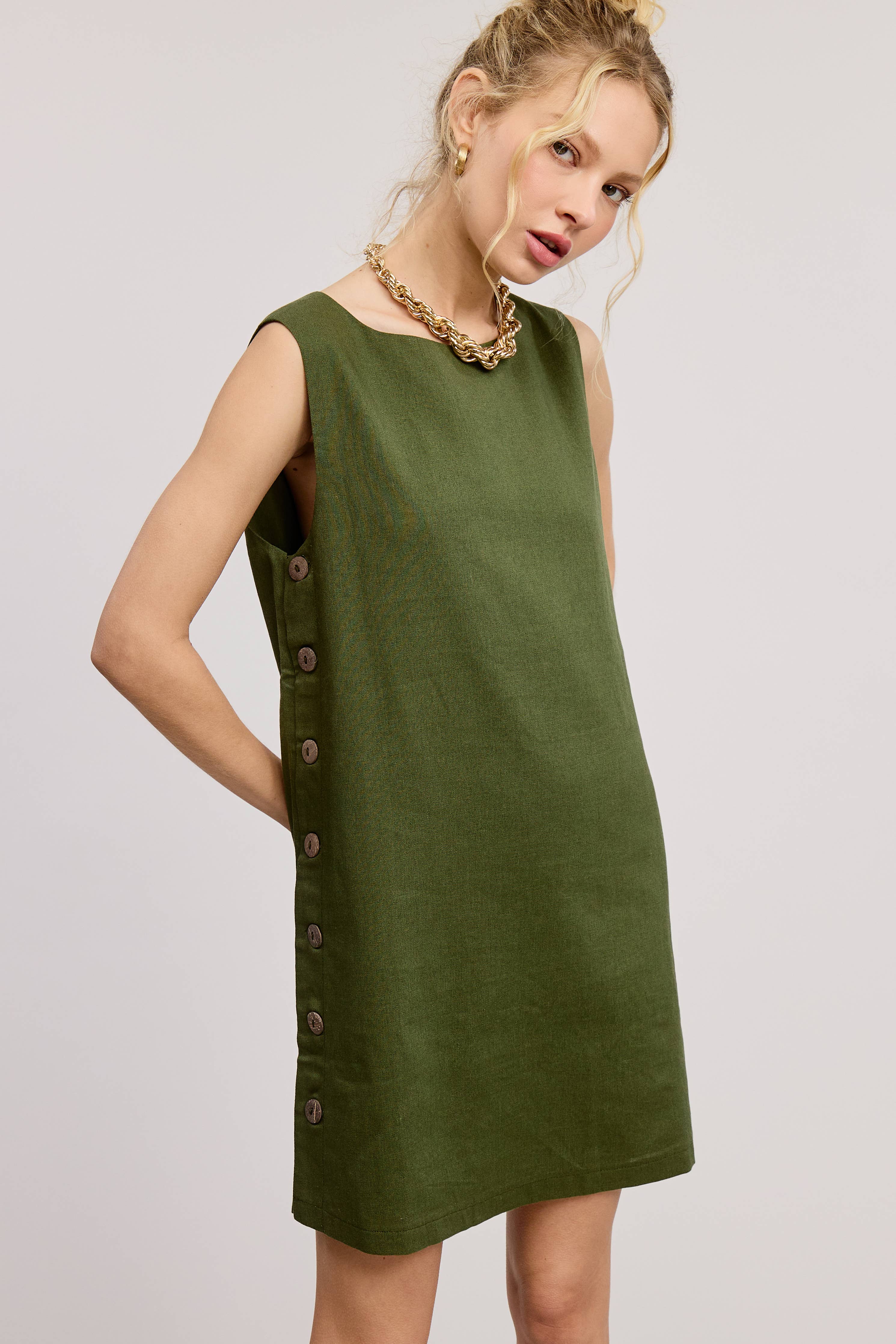Wooden Side Button Detail Sleeveless Linen Mini Dress