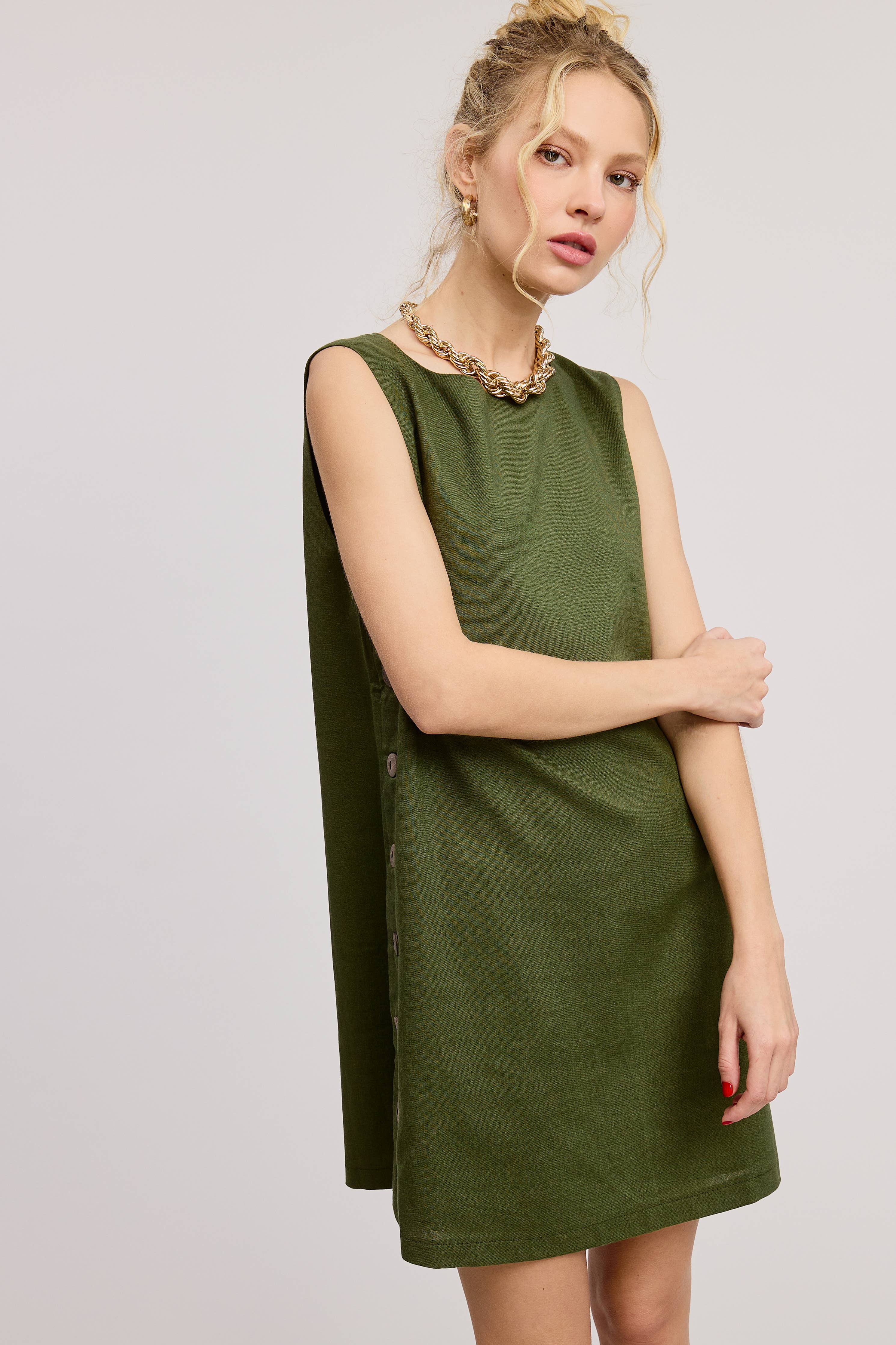Wooden Side Button Detail Sleeveless Linen Mini Dress