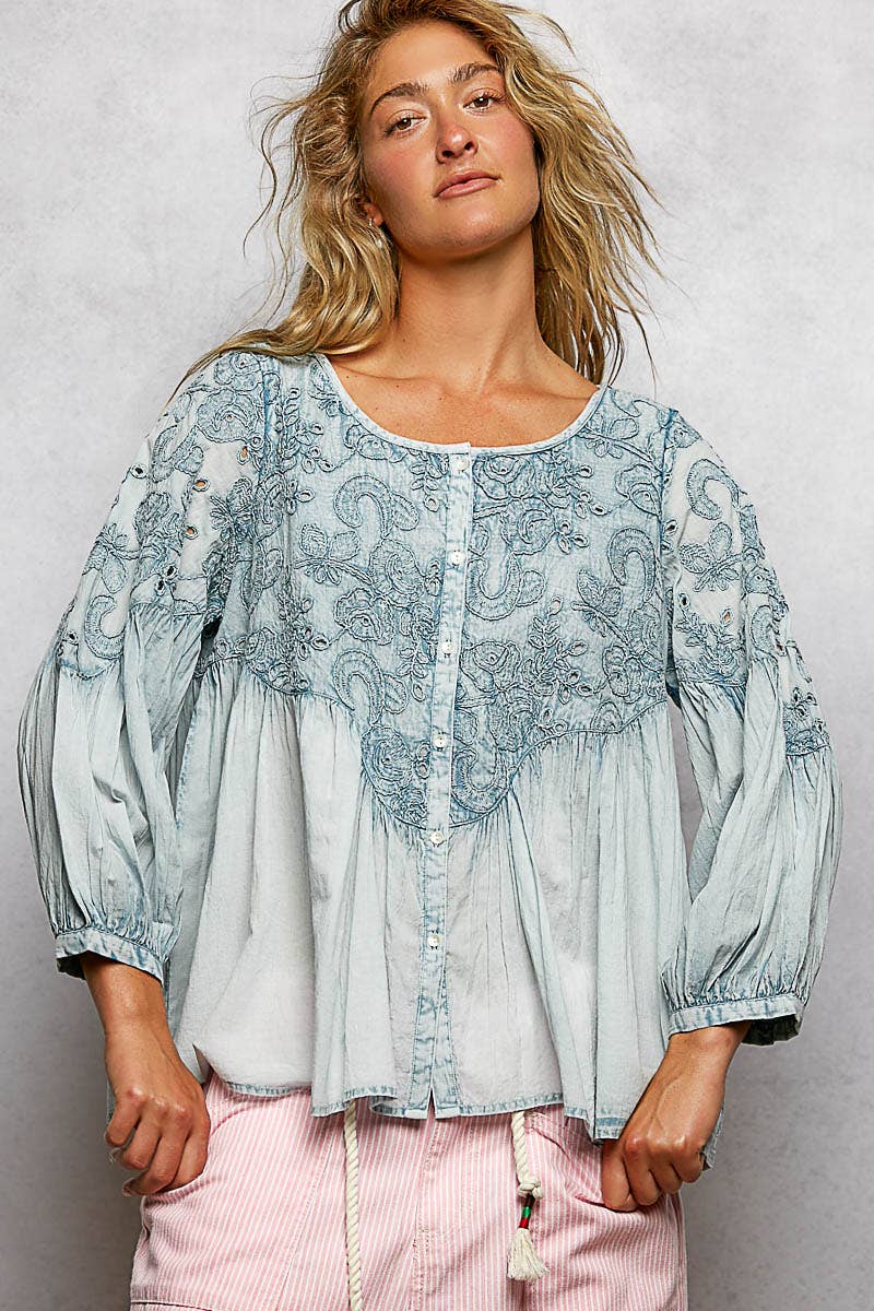 3/4 Sleeve Round Neck Vintage Washing Embroidered Shirt Top