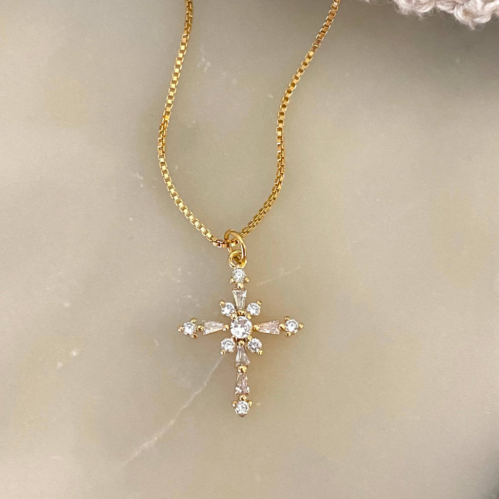 Cross Charm Pendant Glass Gold Plated 18k Gold Filled Chain