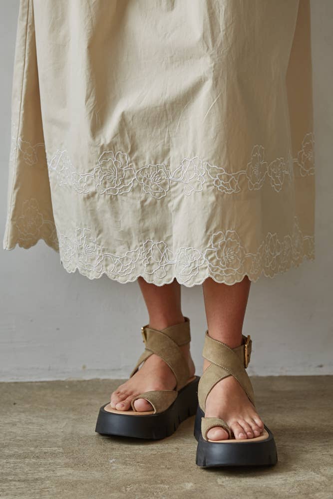 Woven Cotton Floral Embroidered Midi Skirt