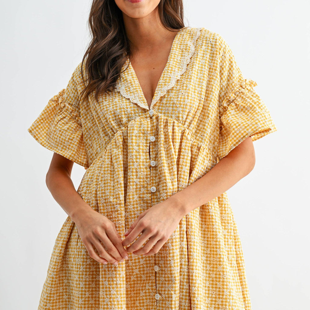 Sunny Days Gingham Lace-Trim Babydoll Dress