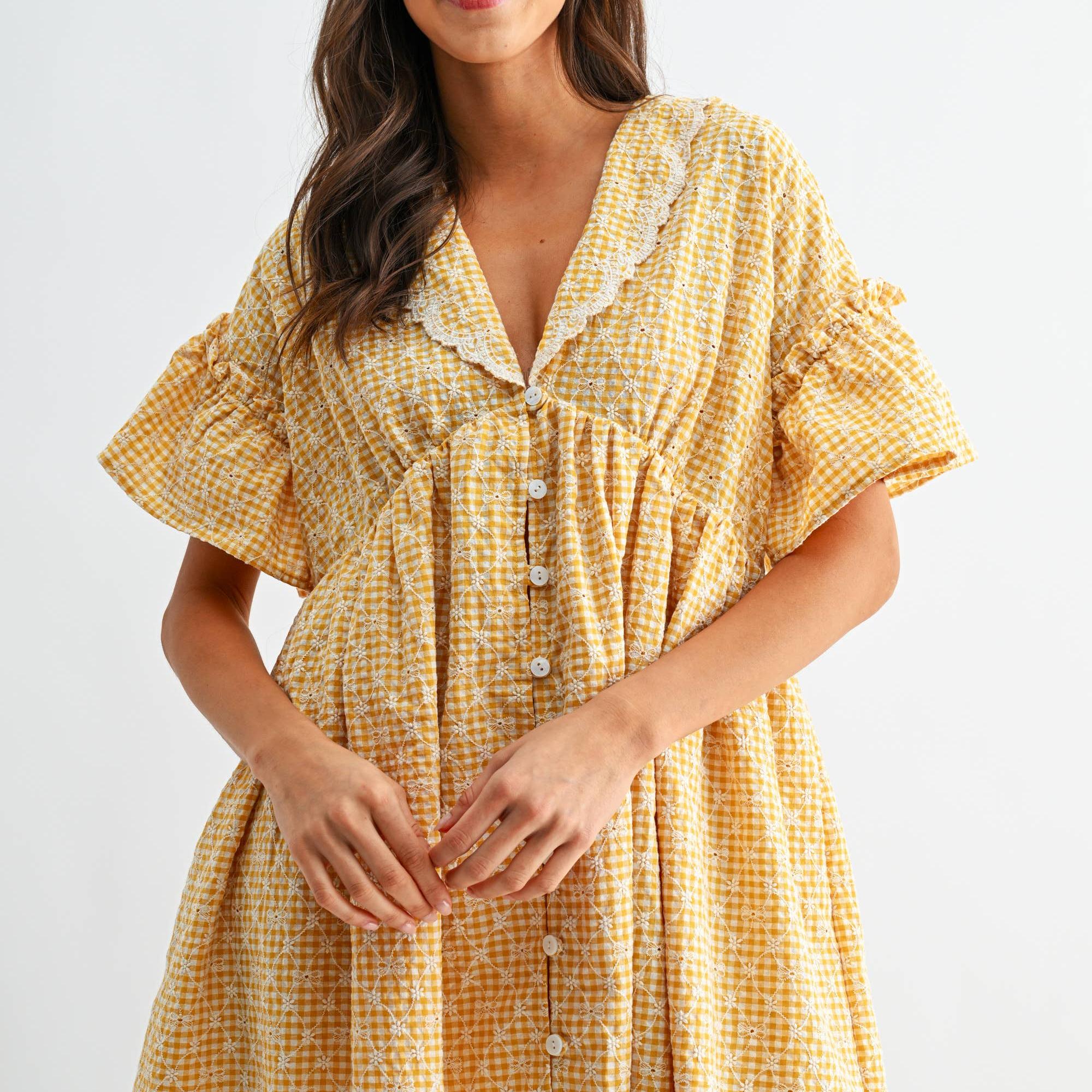 Sunny Days Gingham Lace-Trim Babydoll Dress
