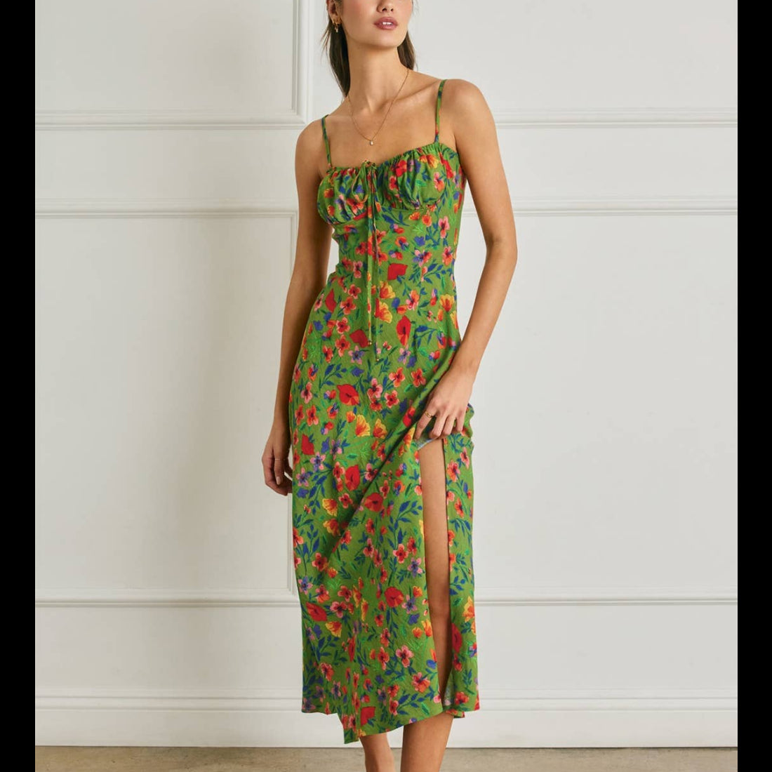 Floral Ruched Bust Slit Dress