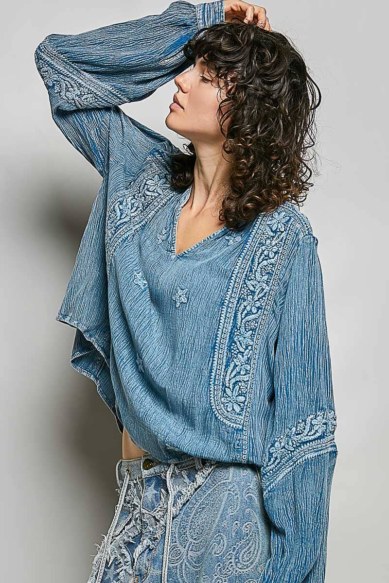 Vanessa V-neck Long Sleeve Floral Embroidered Cotton Woven Top