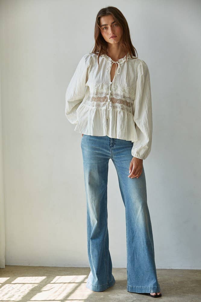 Woven Polyester Nylon Sheer Lace Detail Blouse