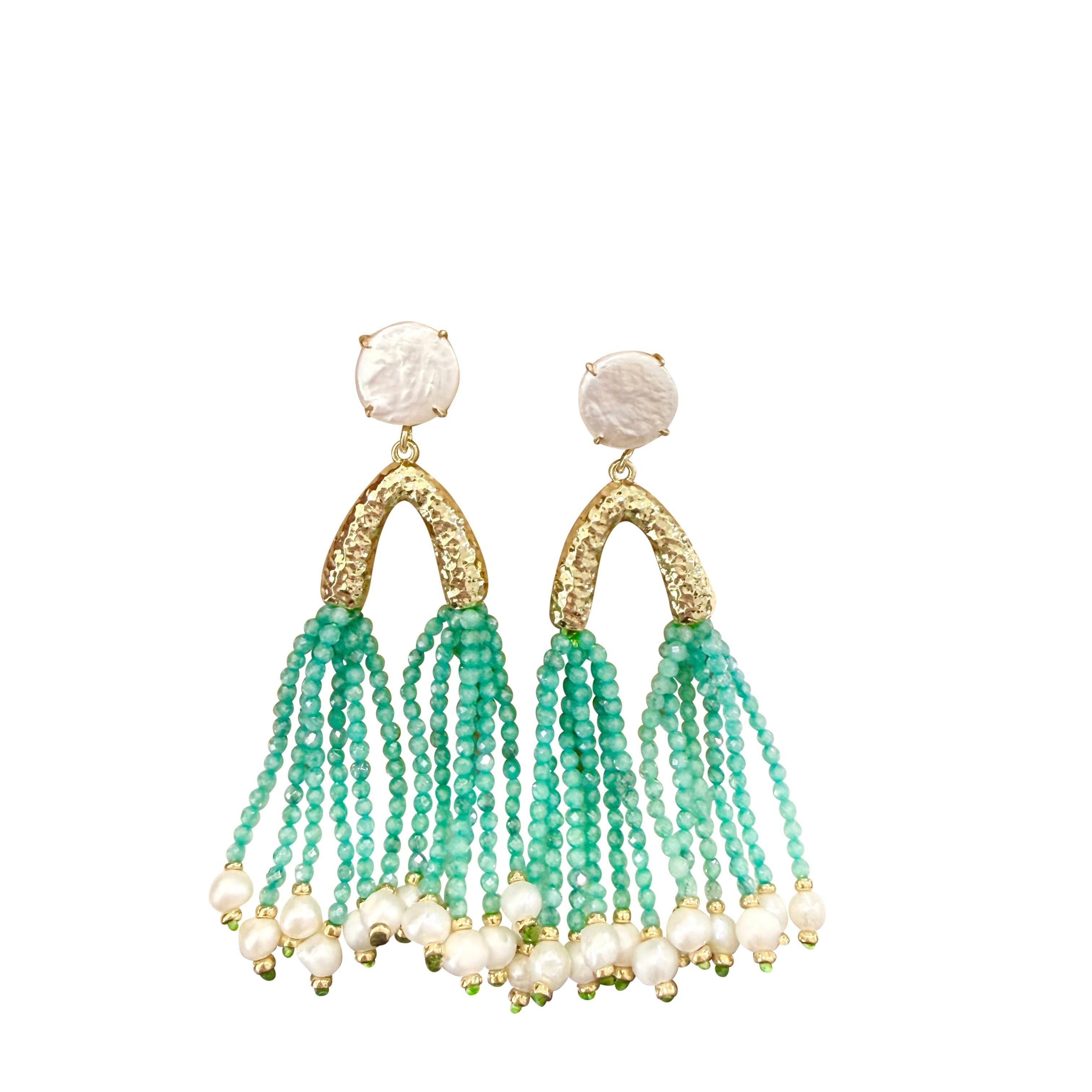 Paris Pearl Beaded Green Tassel Earrings