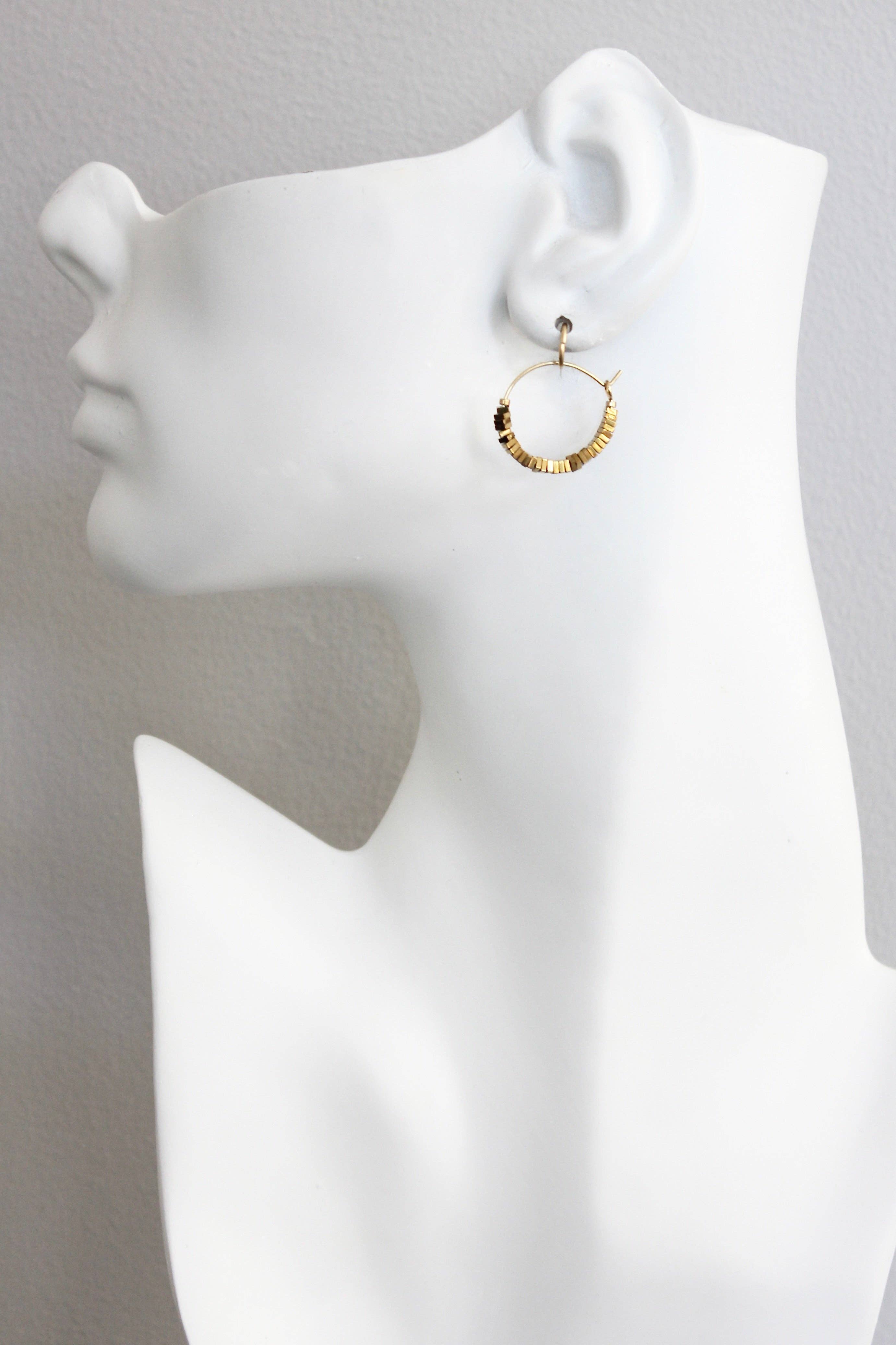 Mini gold hematite hoop earrings