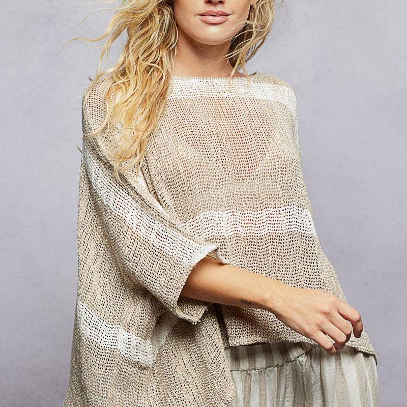 Stripe Round Neck Short Sleeve Crochet Top