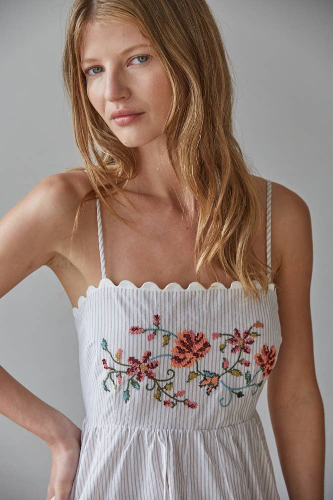 Woven Cotton Striped Cross Stitch Detail Bubble Mini