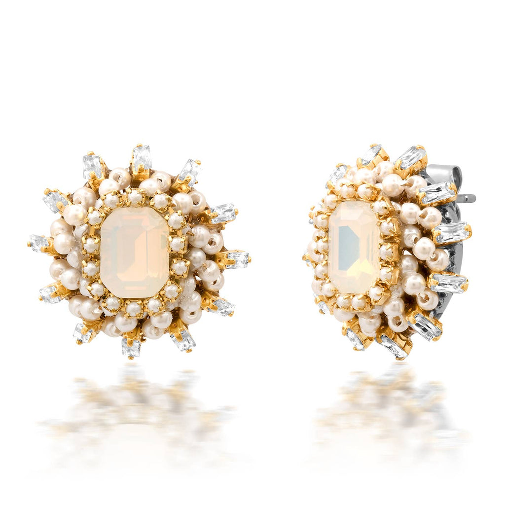 Mixed Media Pearl and Emerald Cut Stone Earrings
