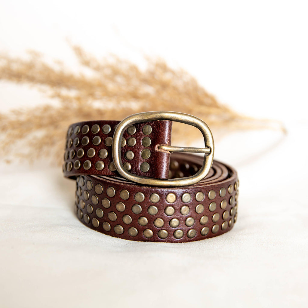 DARK BROWN LEATHER BELT WITH STUDS WIDE