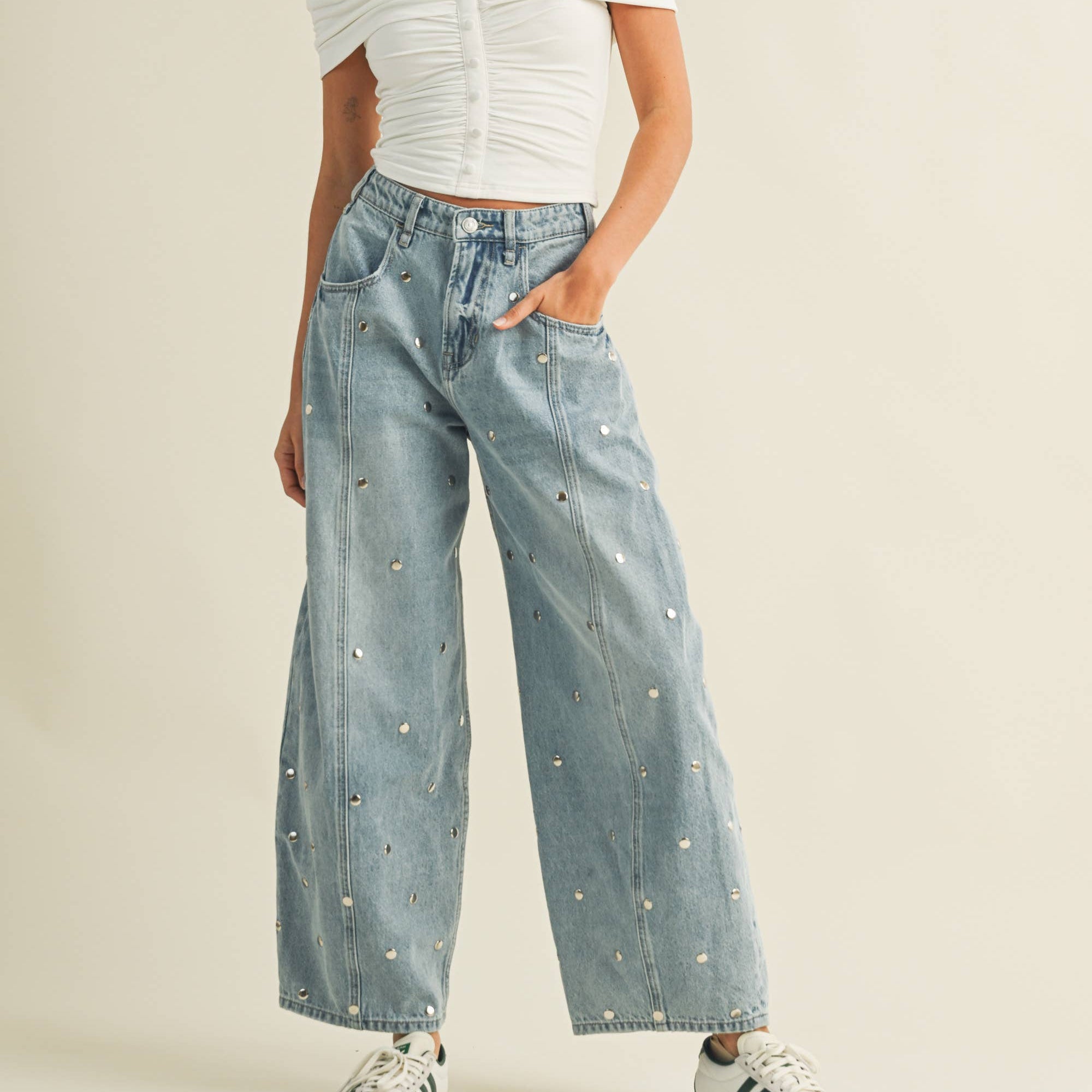 STUDDED BARREL DENIM PANTS