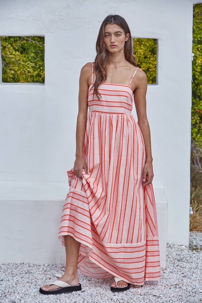 Woven Cotton Striped Tube Neck Midi Dress