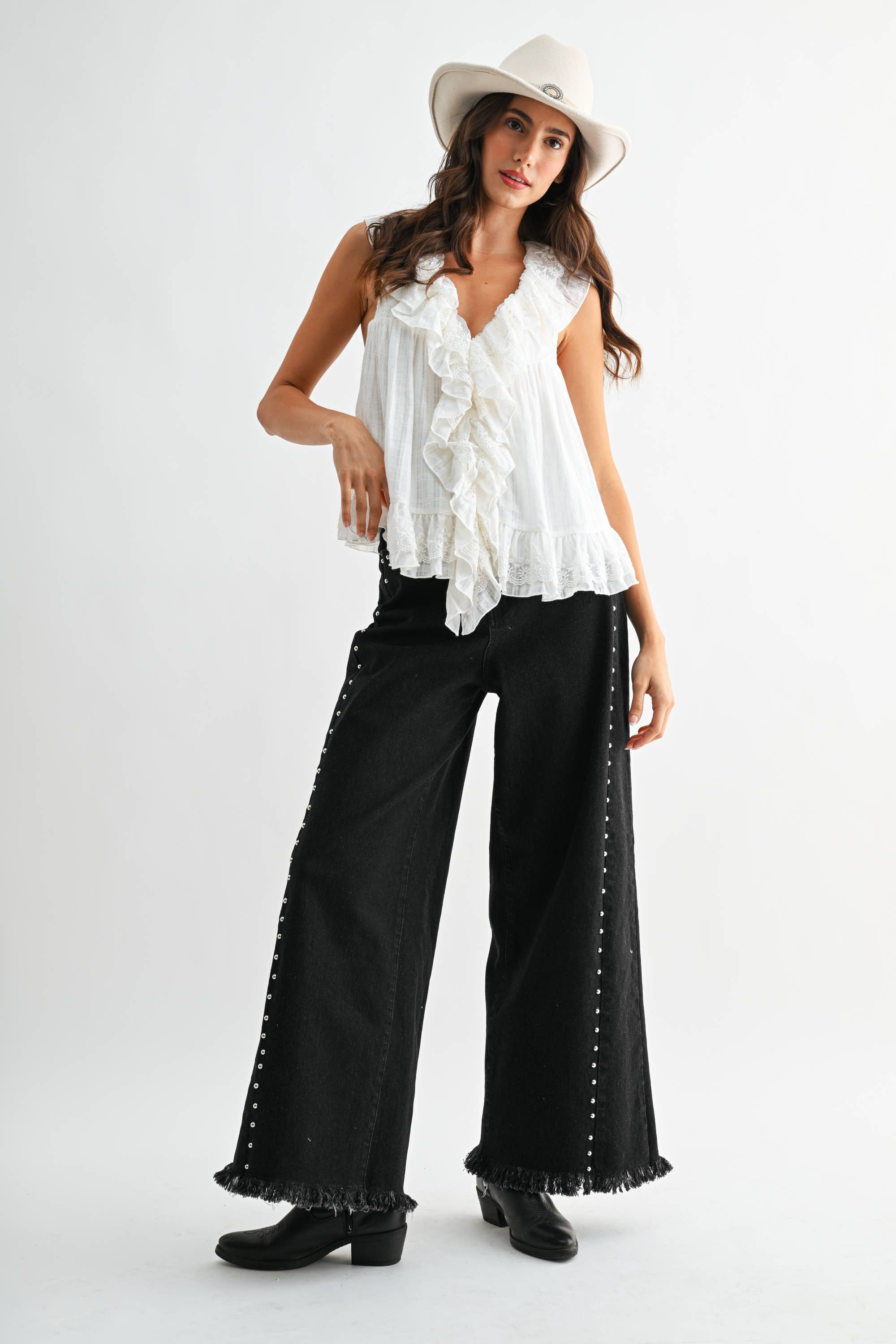 High-Waisted Black Wide-Leg Denim Stud Pants