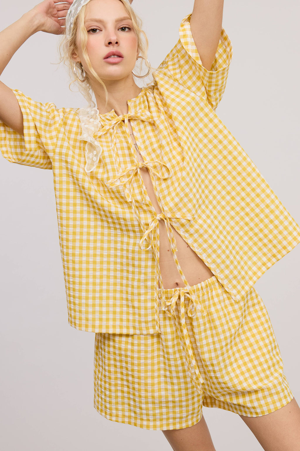 Gingham Ribbon Tie Top & Shorts Set