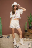 Floral Embroidery Crop Tie Blouse