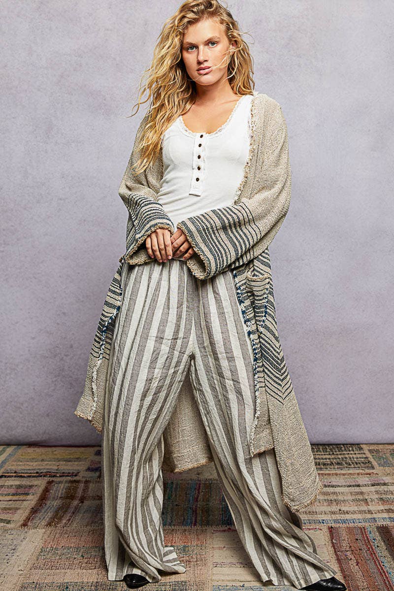 V-Neck Solid Stripe Linen Long Sleeve Cardigan